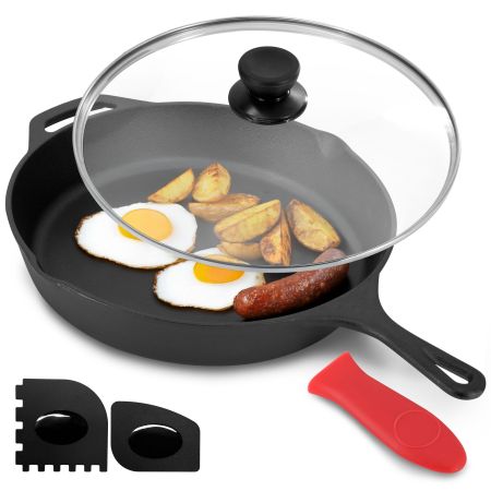 MegaChef 12 Inch Pre-Seasoned Cast Iron Skillet with Tempered Glass Lid